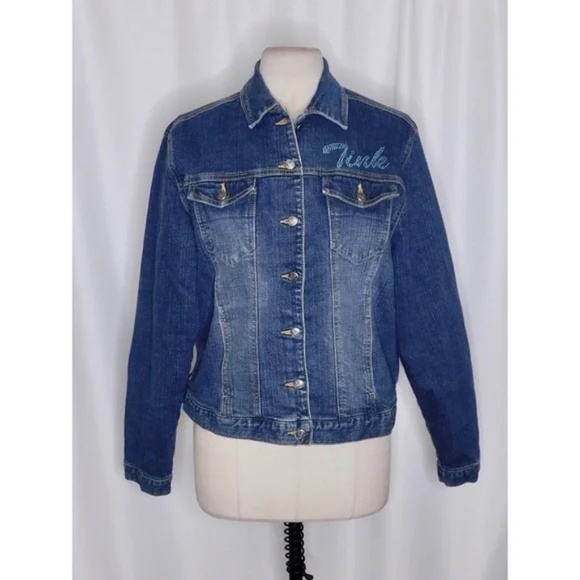 Vintage DISNEY STORE Jean Denim Tinkerbell Tink Jean Jacket Rhinestone Large - Picture 2 of 13